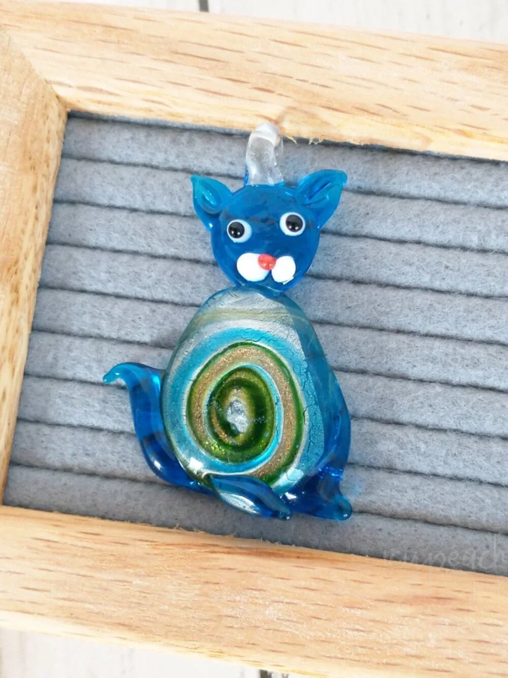 Murano Foil Glass Cat Pendant Blue Glass Art 2” Kitty Ornament Charm Sun Catcher